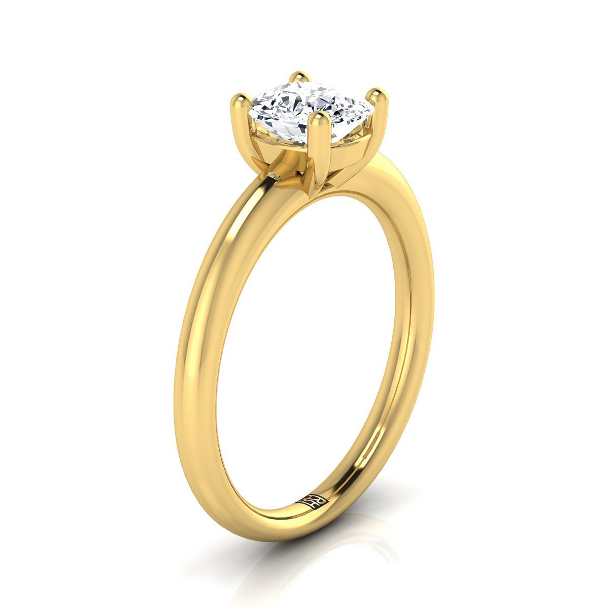 Rounded Comfort Fit Solitaire Cushion, in 18K Yellow Gold, prong setting – side profile | RockHer