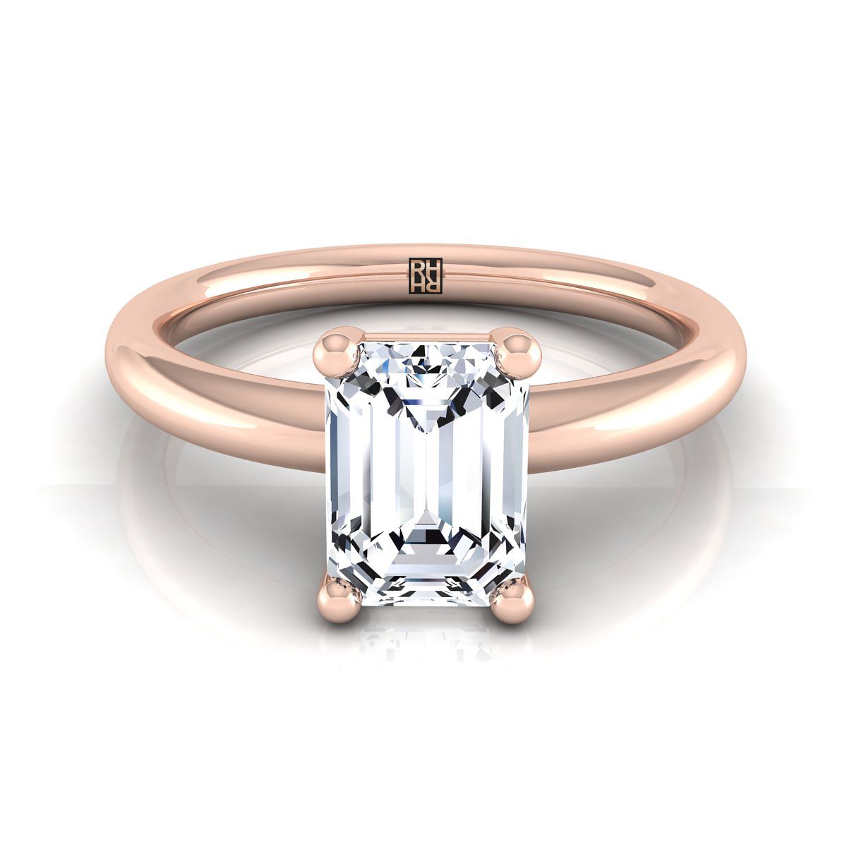 European Cut, Rounded Comfort Fit Solitaire Emerald, in 14K Rose Gold, prong setting | RockHer
