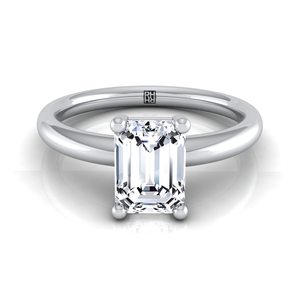 European Cut, Rounded Comfort Fit Solitaire Emerald, in 18K White Gold, prong setting | RockHer
