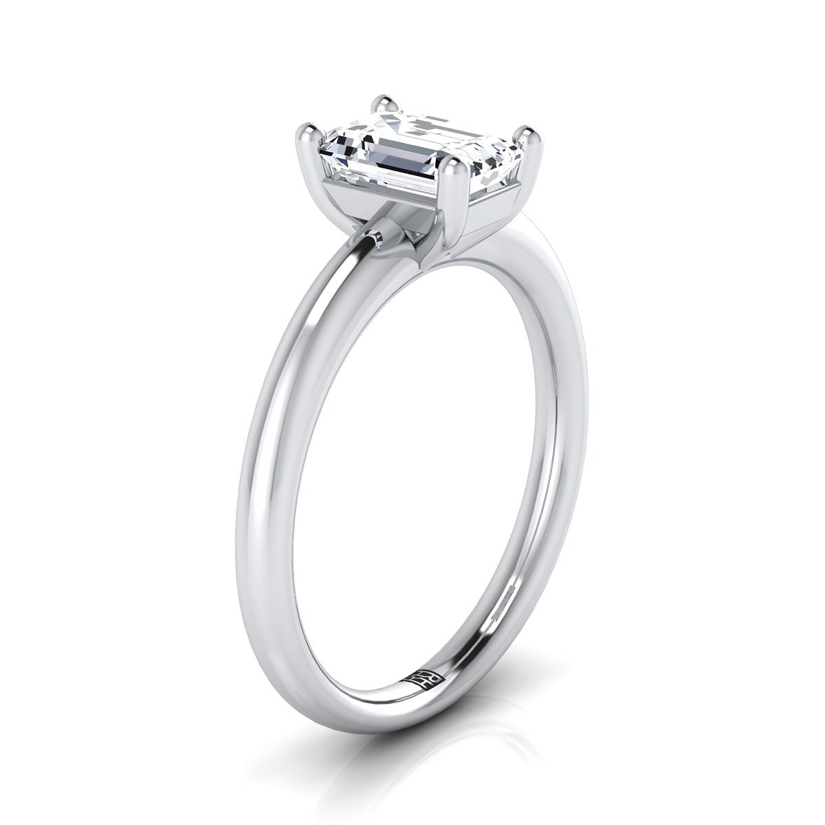 European Cut, Rounded Comfort Fit Solitaire Emerald, in Platinum, prong setting – side profile | RockHer