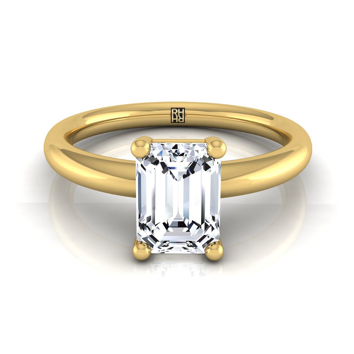 European Cut, Rounded Comfort Fit Solitaire Emerald, in 18K Yellow Gold, prong setting | RockHer