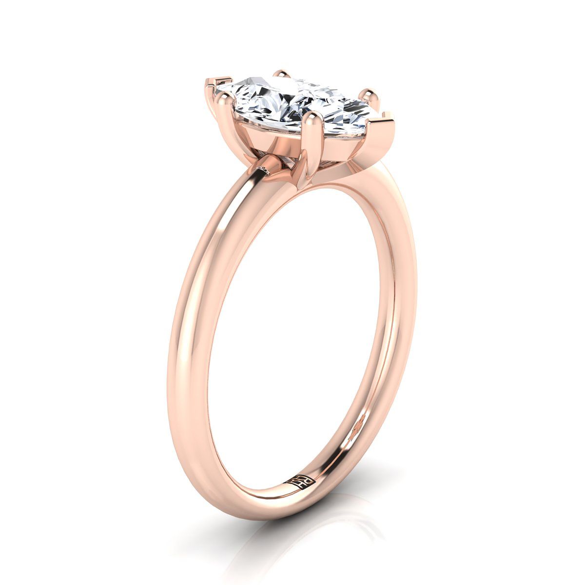 Rounded Comfort Fit Solitaire Marquise, in 14K Rose Gold, prong setting – side profile | RockHer