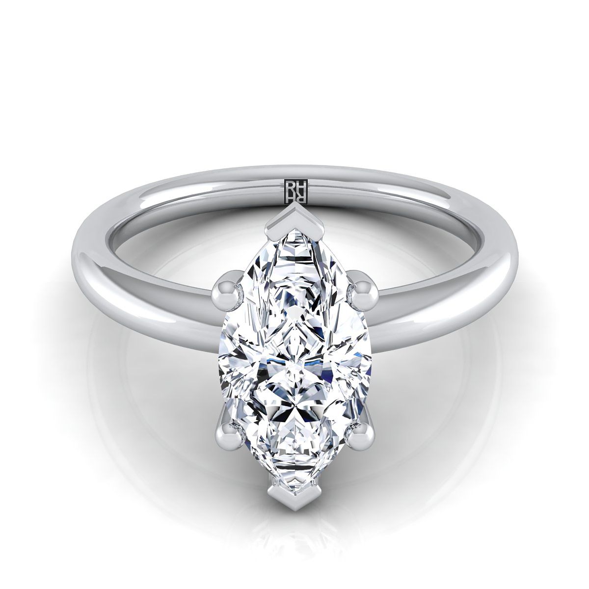 Rounded Comfort Fit Solitaire Marquise, in 18K White Gold, prong setting | RockHer