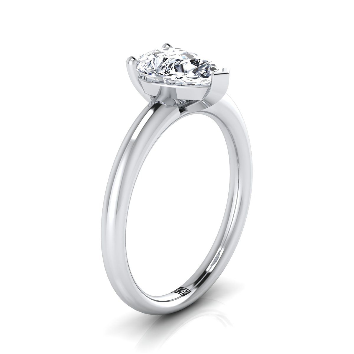 Rounded Comfort Fit Solitaire Pear Shape, in 18K White Gold, prong setting – side profile | RockHer