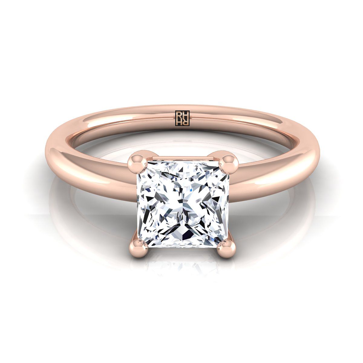 Rounded Comfort Fit Solitaire Princess, in 14K Rose Gold, prong setting | RockHer