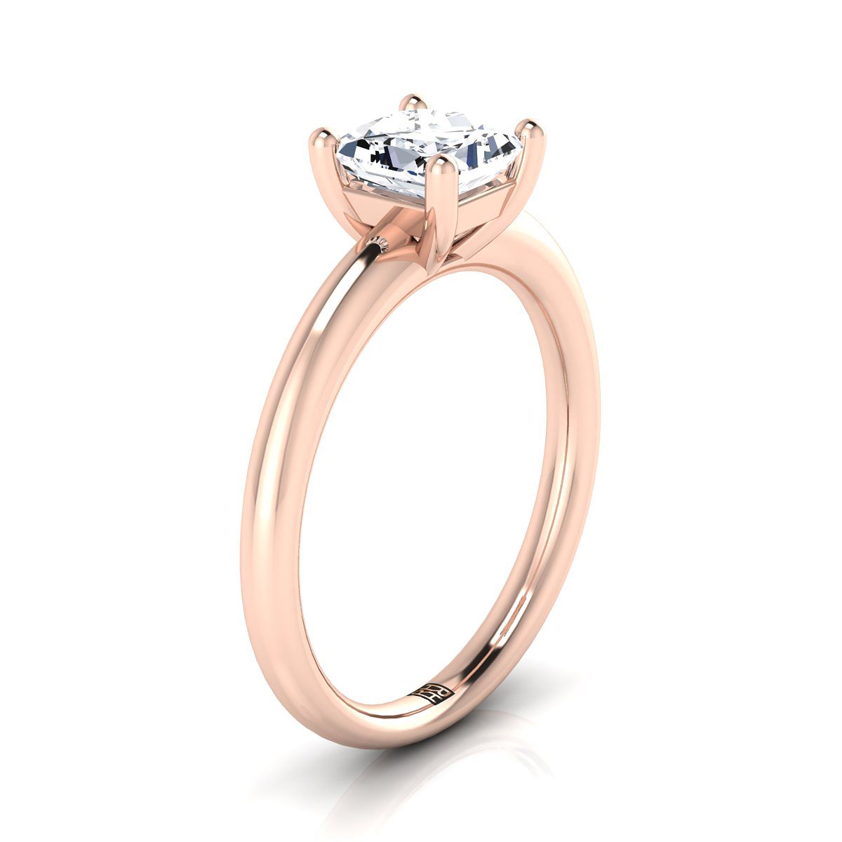 Rounded Comfort Fit Solitaire Princess, in 14K Rose Gold, prong setting – side profile | RockHer