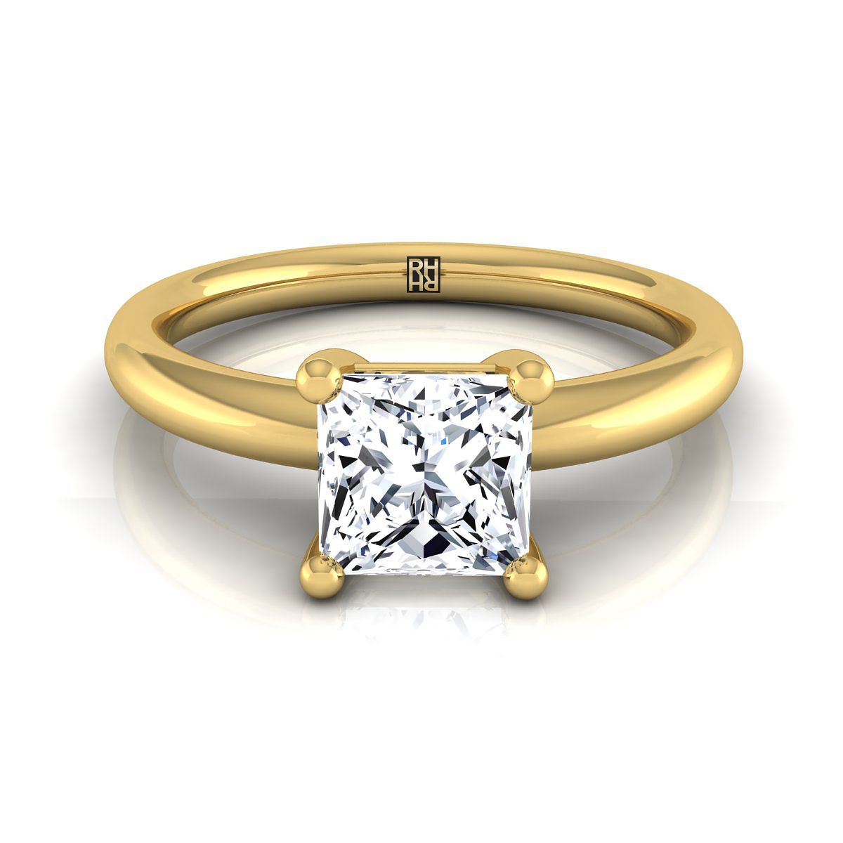 Rounded Comfort Fit Solitaire Princess, in 18K Yellow Gold, prong setting | RockHer