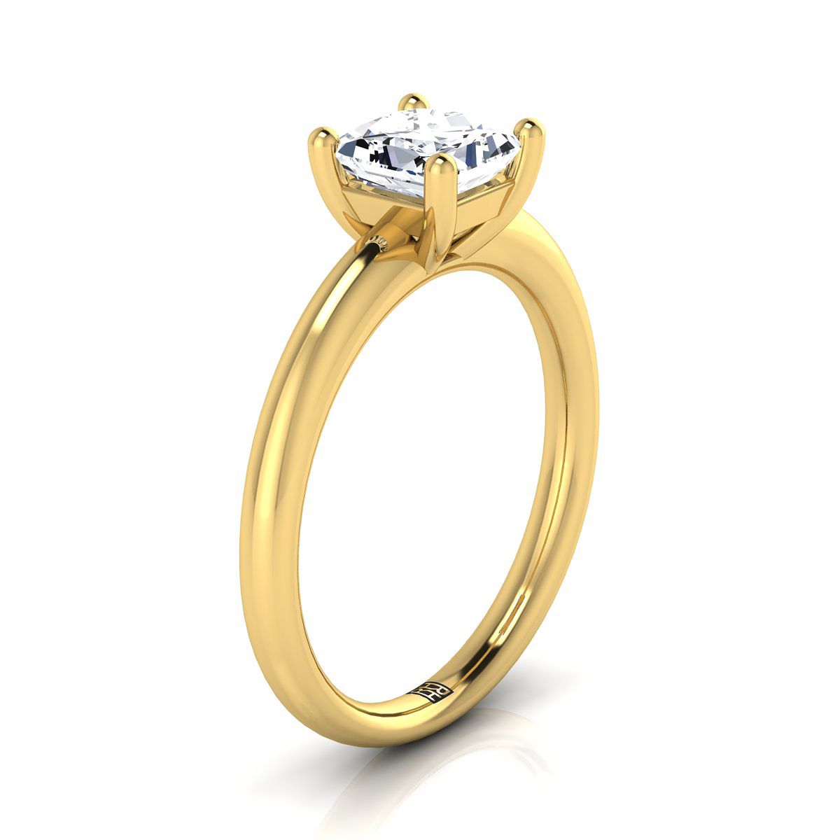 Rounded Comfort Fit Solitaire Princess, in 18K Yellow Gold, prong setting – side profile | RockHer