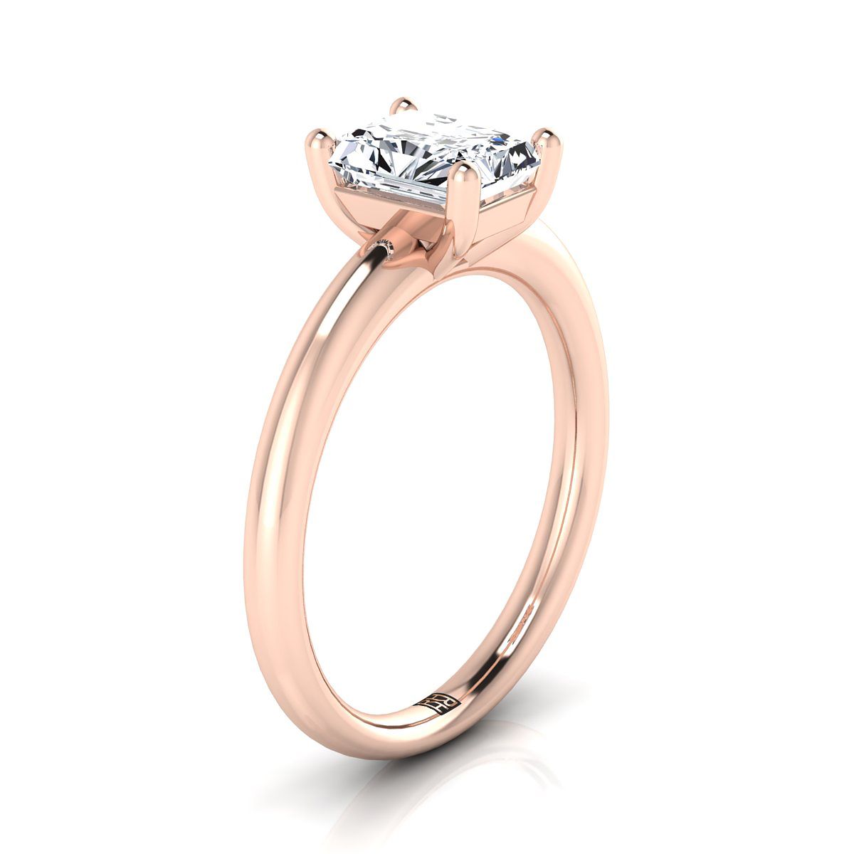 Rounded Comfort Fit Solitaire Radiant, in 14K Rose Gold, prong setting – side profile | RockHer