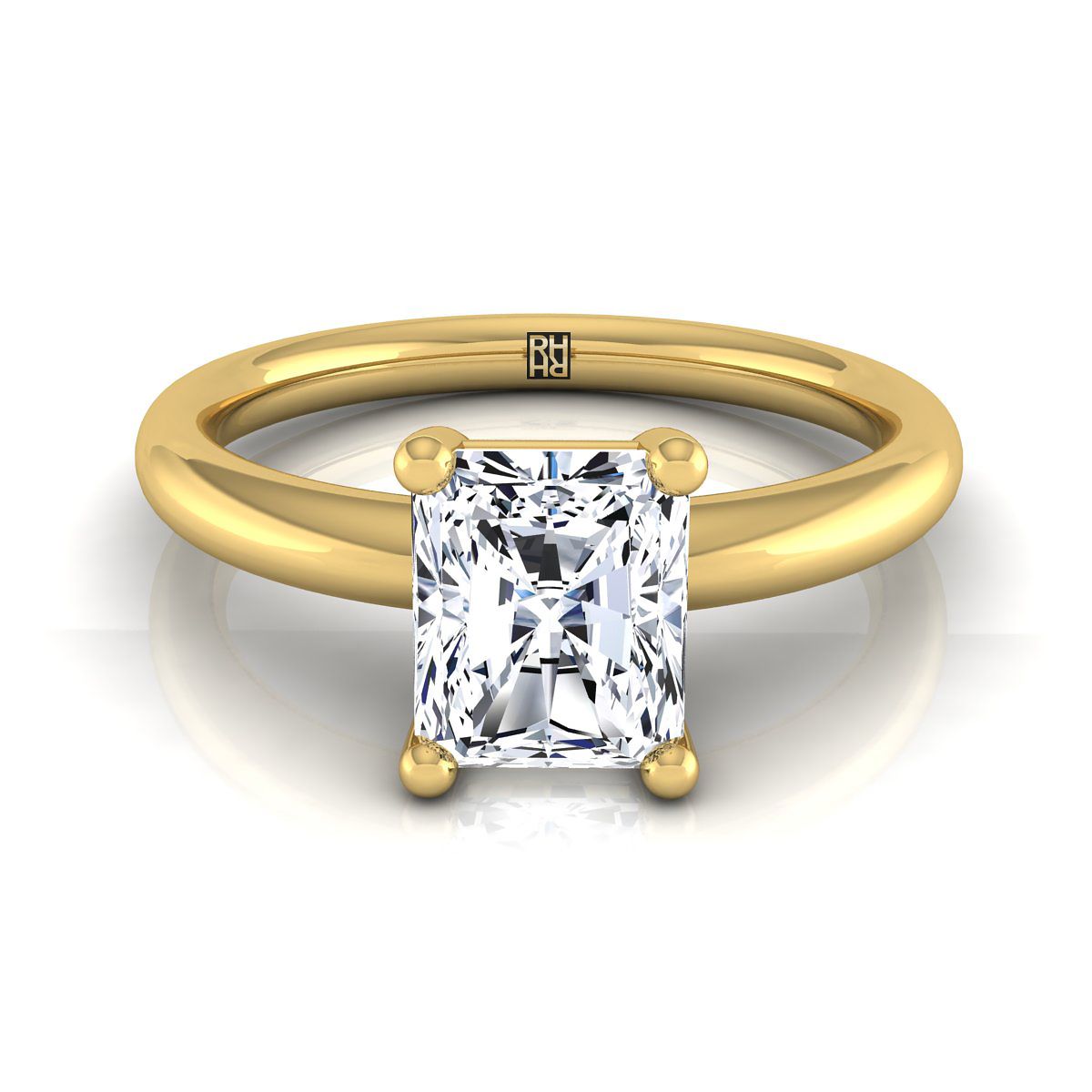 Rounded Comfort Fit Solitaire Radiant, in 18K Yellow Gold, prong setting | RockHer