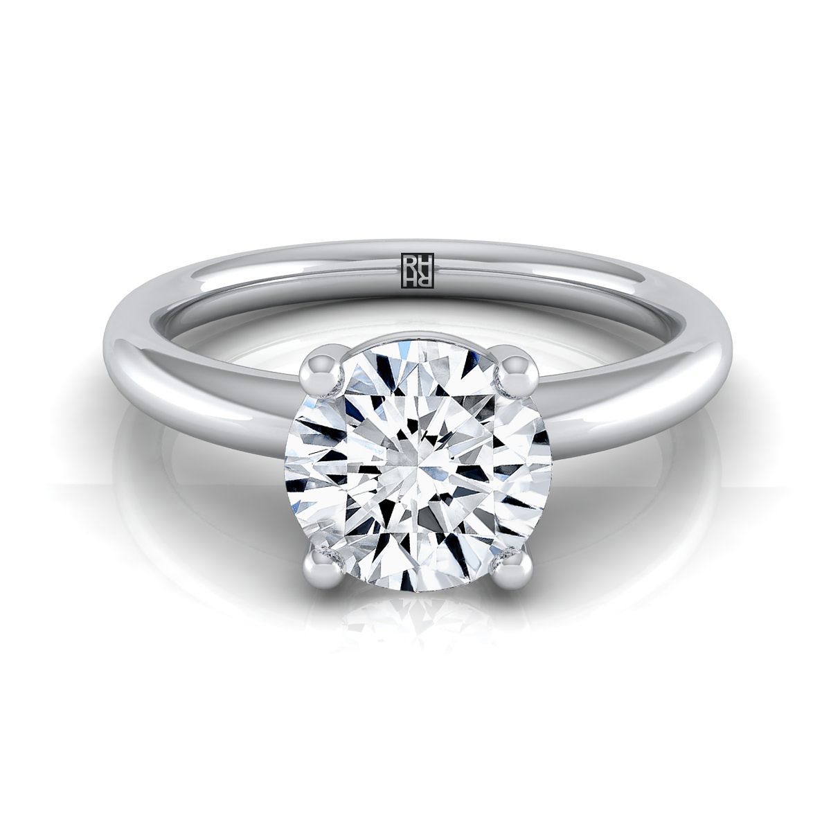 Round Brilliant, Rounded Comfort Fit Solitaire, in 18K White Gold, prong setting | RockHer