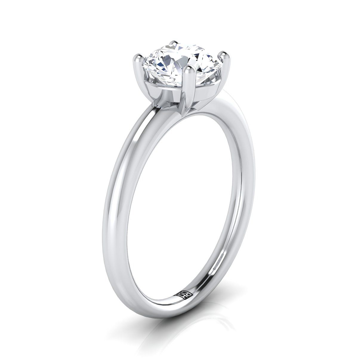 Round Brilliant, Rounded Comfort Fit Solitaire, in 18K White Gold, prong setting – side profile | RockHer