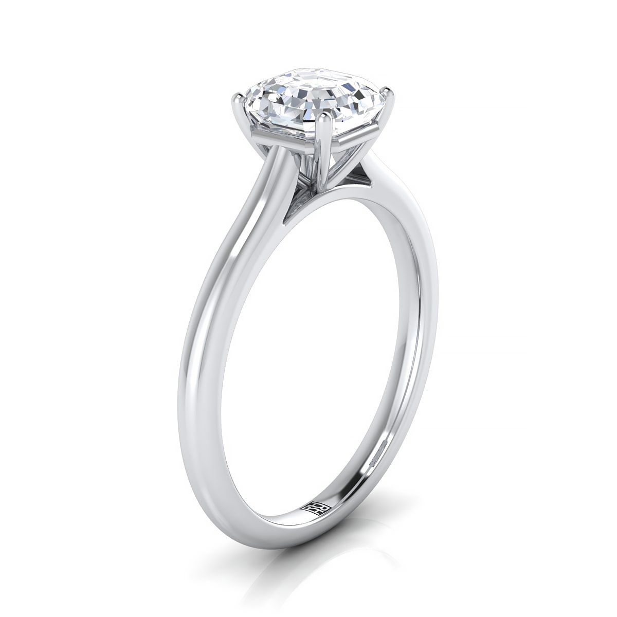 Pinched Cathedral Solitaire Asscher, in Platinum, prong setting – side profile | RockHer