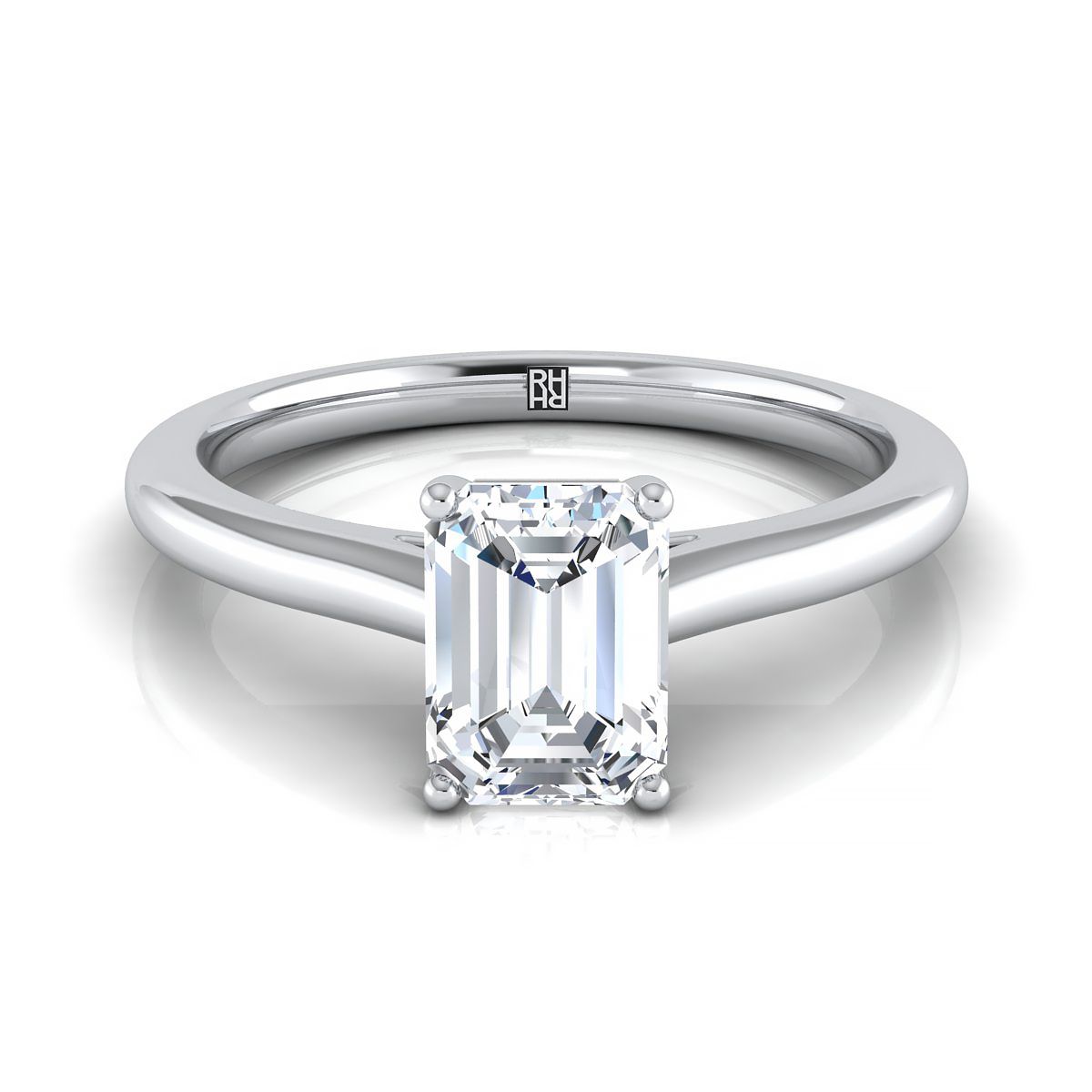 European Cut, Pinched Cathedral Solitaire Emerald, in 18K White Gold, prong setting | RockHer