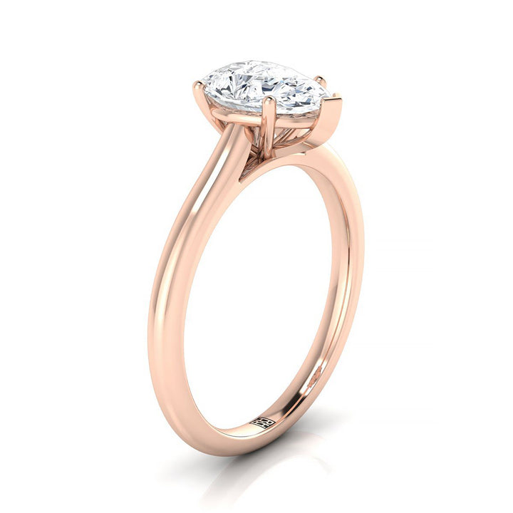 Pinched Cathedral Solitaire Pear Shape, in 14K Rose Gold, prong setting – side profile | RockHer