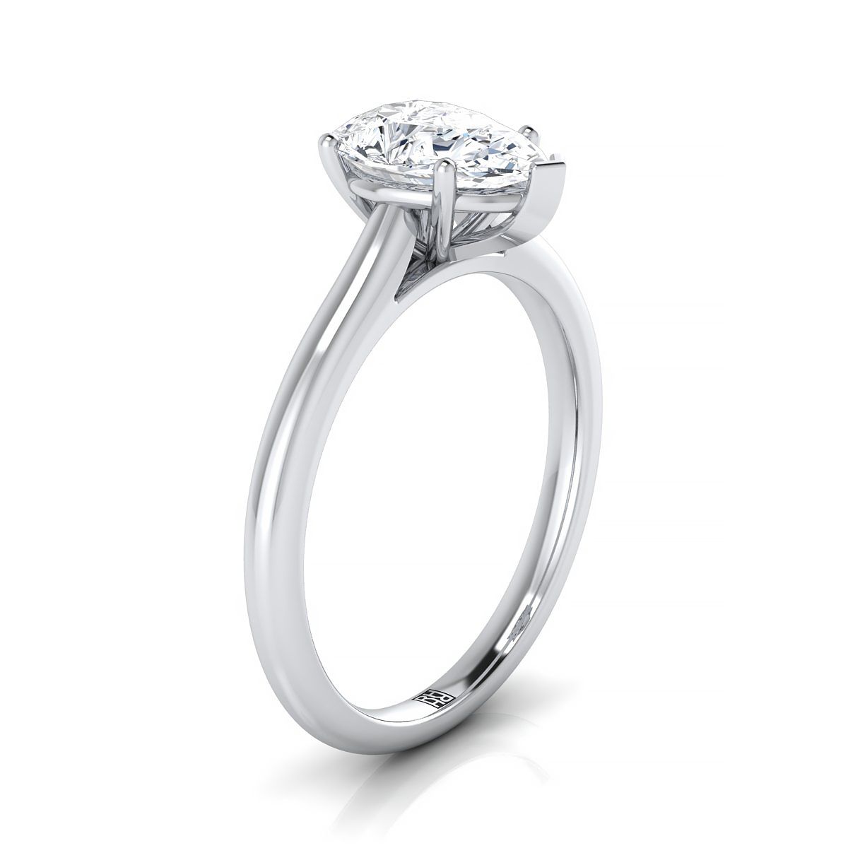 Pinched Cathedral Solitaire Pear Shape, in 18K White Gold, prong setting – side profile | RockHer