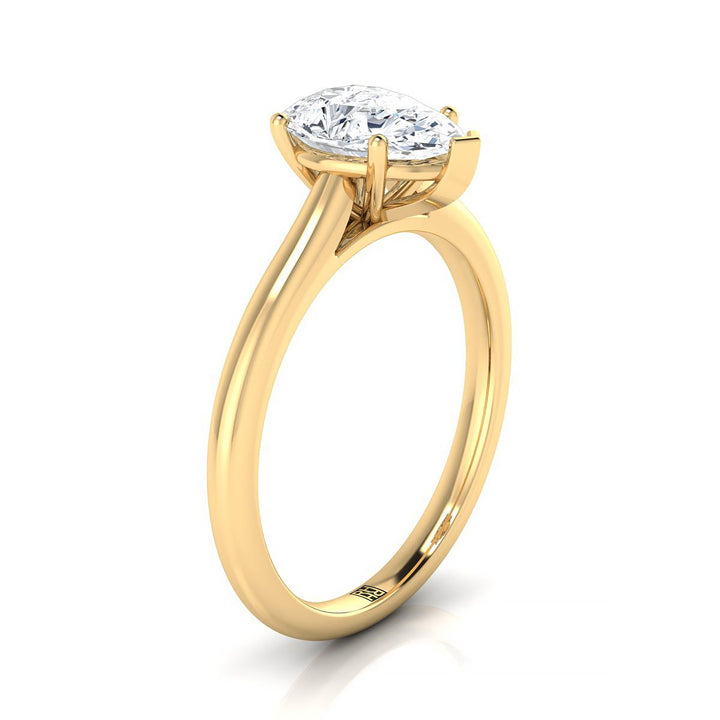 18K Yellow Gold Pear Shape Center  Pinched Comfort Fit Claw Prong Solitaire Engagement Ring