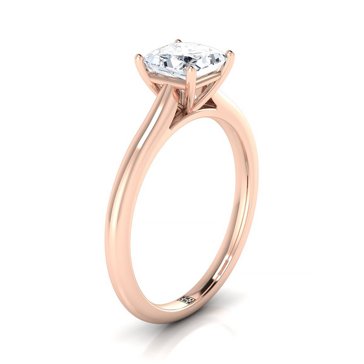Pinched Cathedral Solitaire Princess, in 14K Rose Gold, prong setting – side profile | RockHer