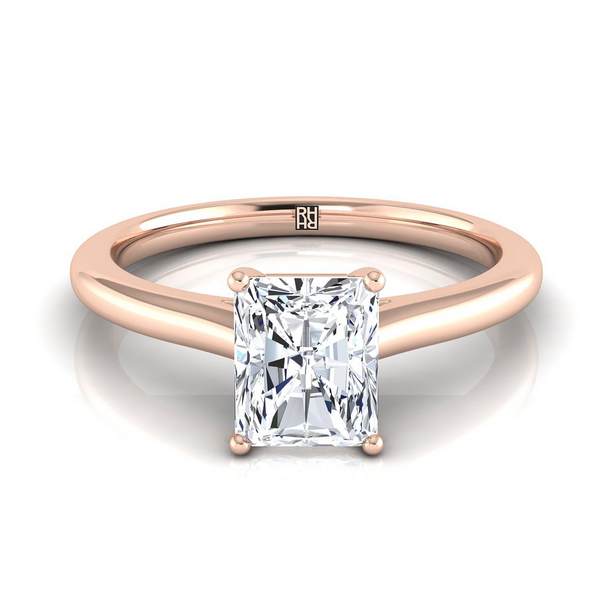 Pinched Cathedral Solitaire Radiant, in 14K Rose Gold, prong setting | RockHer