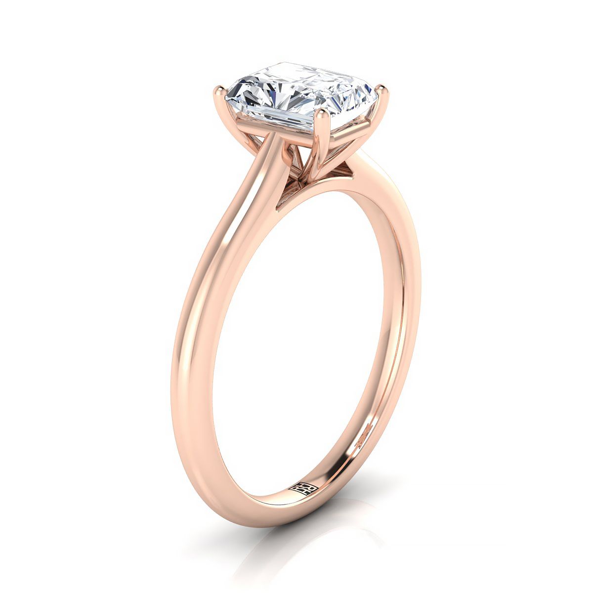 Pinched Cathedral Solitaire Radiant, in 14K Rose Gold, prong setting – side profile | RockHer