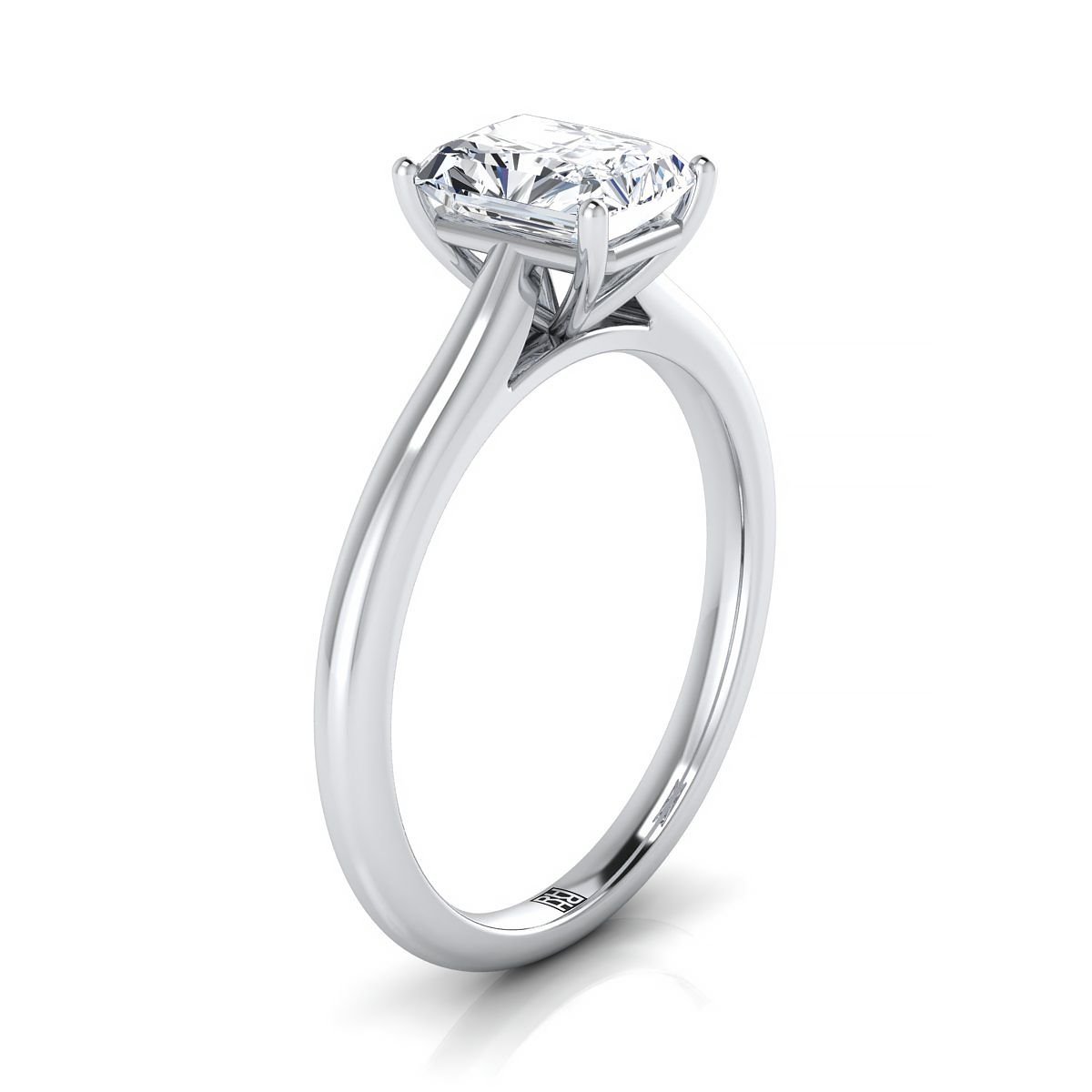 Pinched Cathedral Solitaire Radiant, in 18K White Gold, prong setting – side profile | RockHer