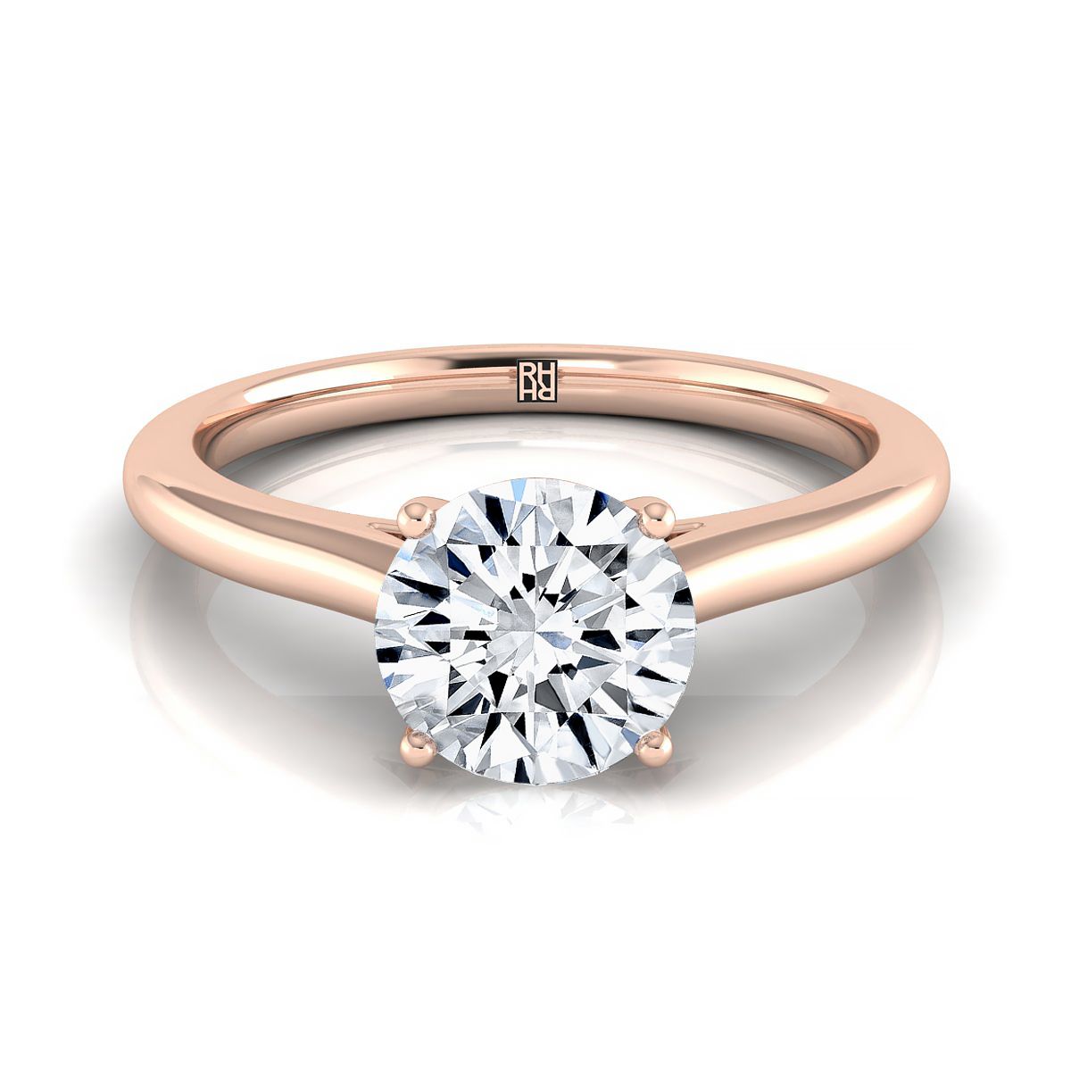 Round Brilliant, Pinched Cathedral Solitaire, in 14K Rose Gold, prong setting | RockHer