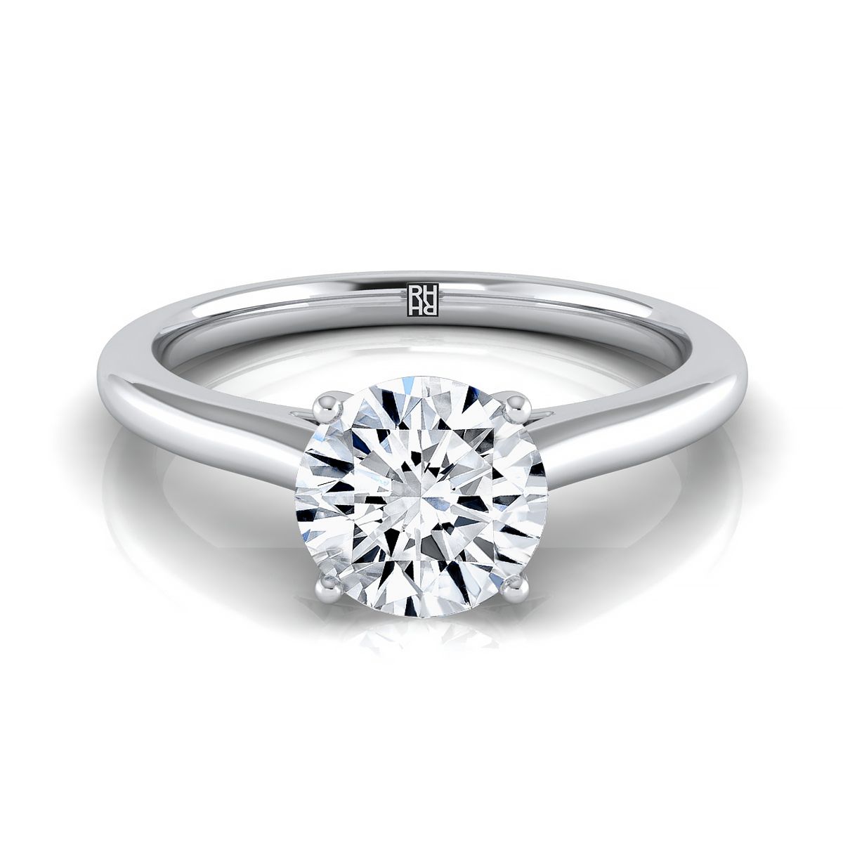 Round Brilliant, Pinched Cathedral Solitaire, in 18K White Gold, prong setting | RockHer