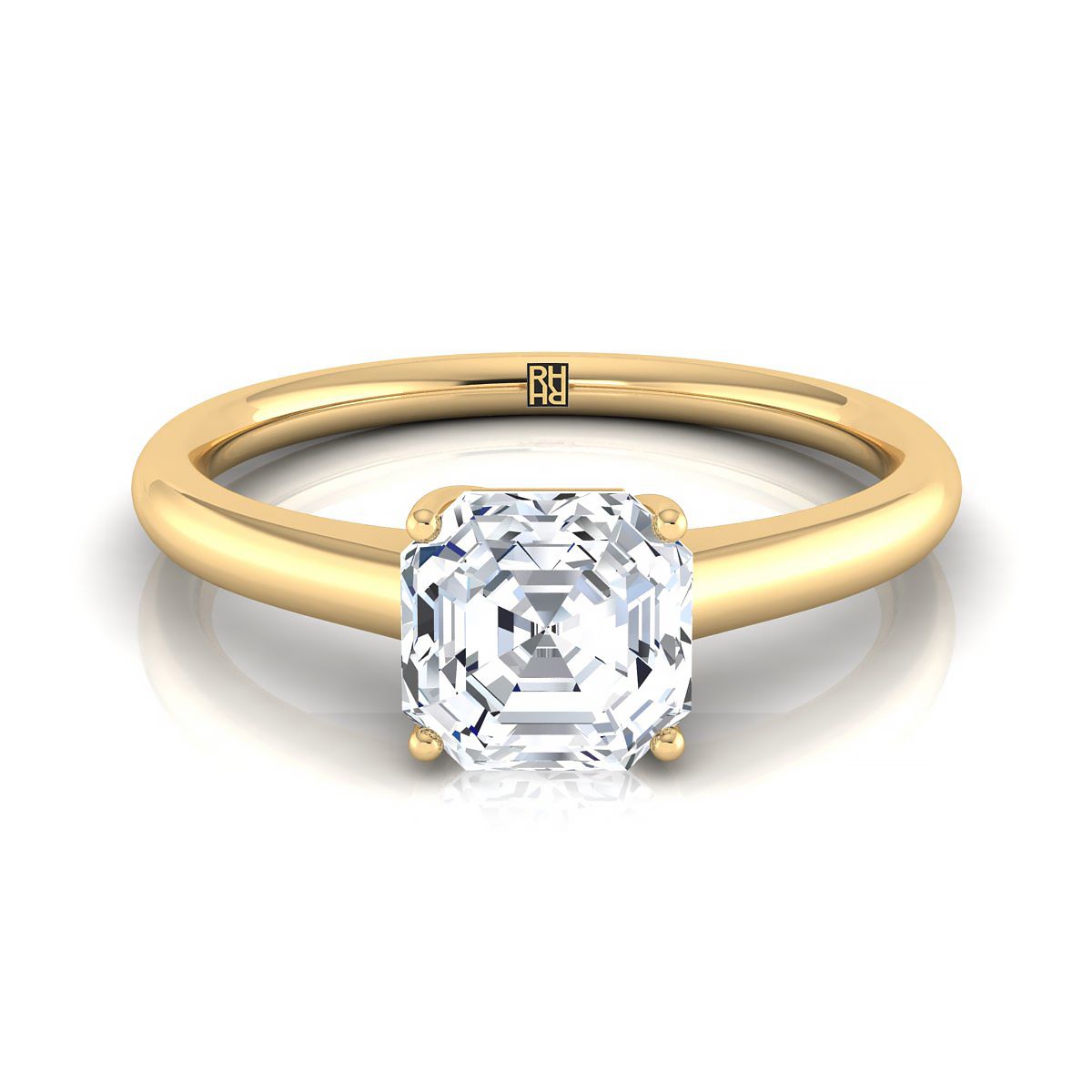 Contemporary Comfort Fit Flat Shank Solitaire Asscher, in 18K Yellow Gold, prong setting | RockHer