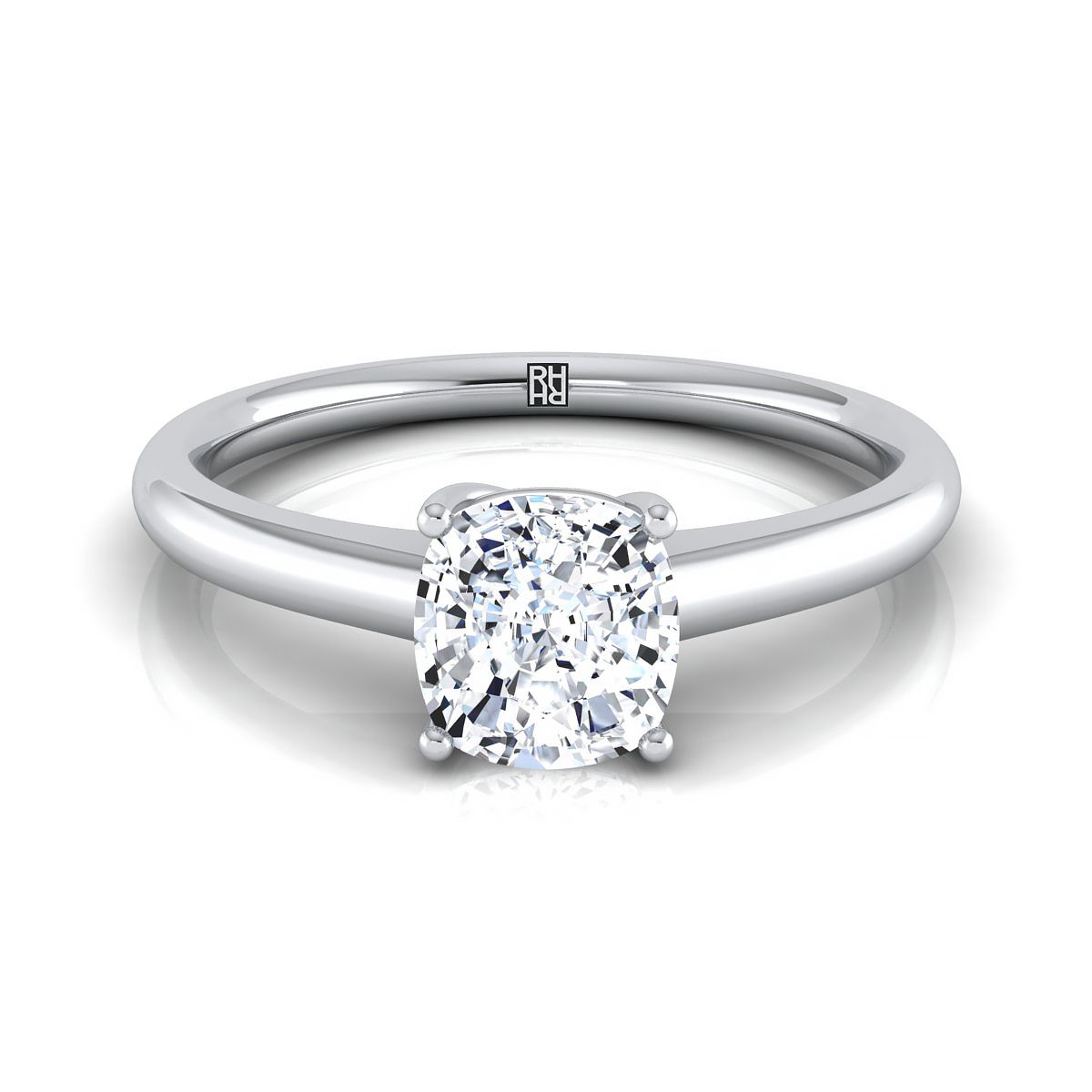 Contemporary Comfort Fit Flat Shank Solitaire Cushion, in 18K White Gold, prong setting | RockHer