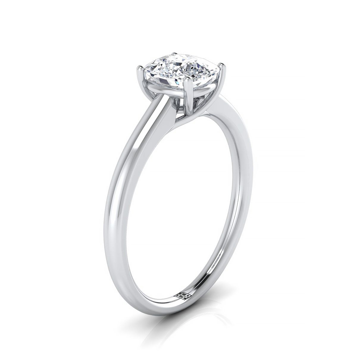 Contemporary Comfort Fit Flat Shank Solitaire Cushion, in Platinum, prong setting – side profile | RockHer