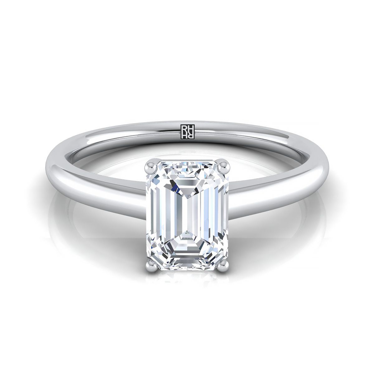 European Cut, Contemporary Comfort Fit Flat Shank Solitaire Emerald, in 18K White Gold, prong setting | RockHer