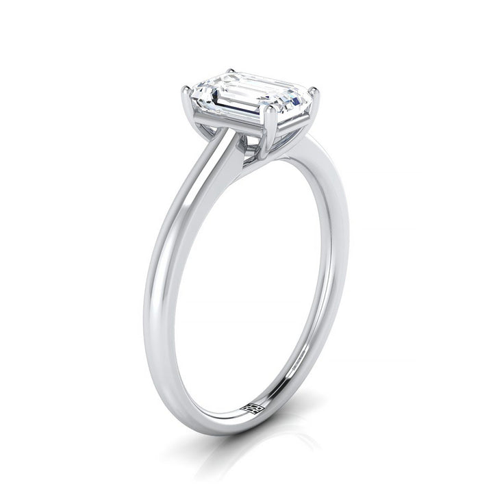 European Cut, Contemporary Comfort Fit Flat Shank Solitaire Emerald, in 18K White Gold, prong setting – side profile | RockHer
