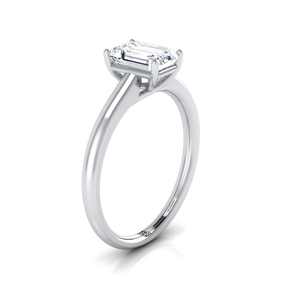 European Cut, Contemporary Comfort Fit Flat Shank Solitaire Emerald, in Platinum, prong setting – side profile | RockHer