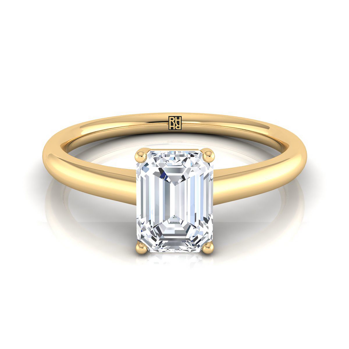 European Cut, Contemporary Comfort Fit Flat Shank Solitaire Emerald, in 18K Yellow Gold, prong setting | RockHer
