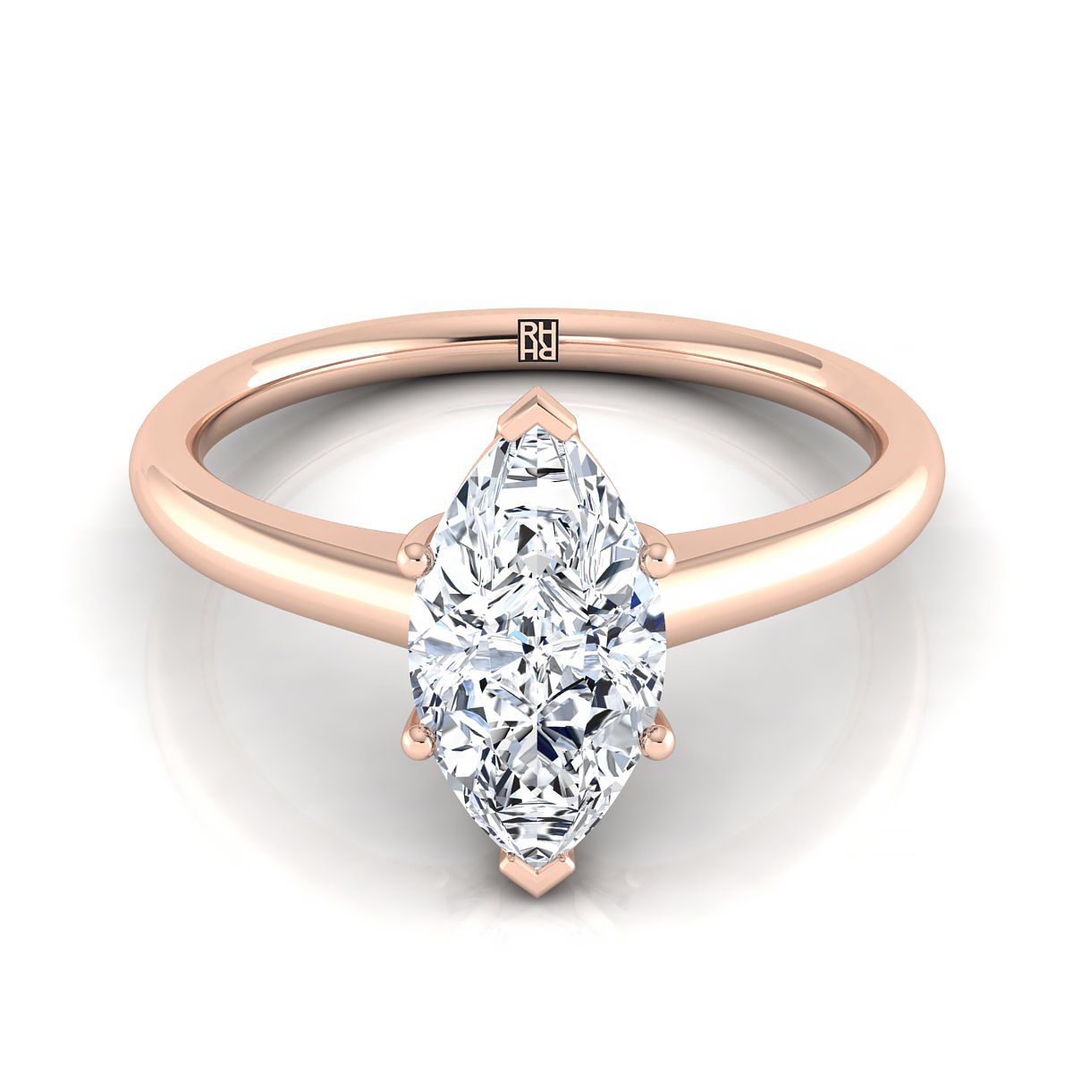 Contemporary Comfort Fit Flat Shank Solitaire Marquise, in 14K Rose Gold, prong setting | RockHer