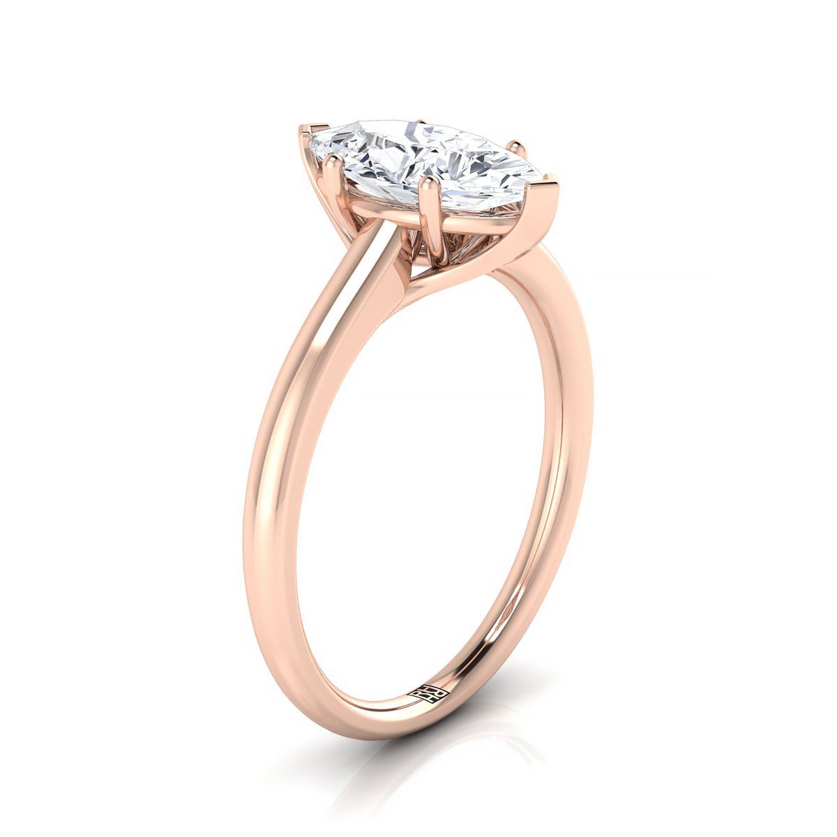 Contemporary Comfort Fit Flat Shank Solitaire Marquise, in 14K Rose Gold, prong setting – side profile | RockHer