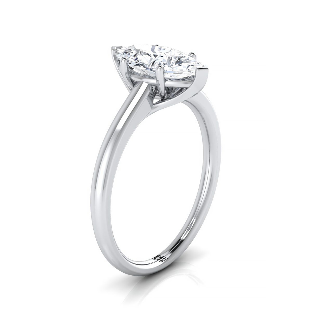 Contemporary Comfort Fit Flat Shank Solitaire Marquise, in Platinum, prong setting – side profile | RockHer
