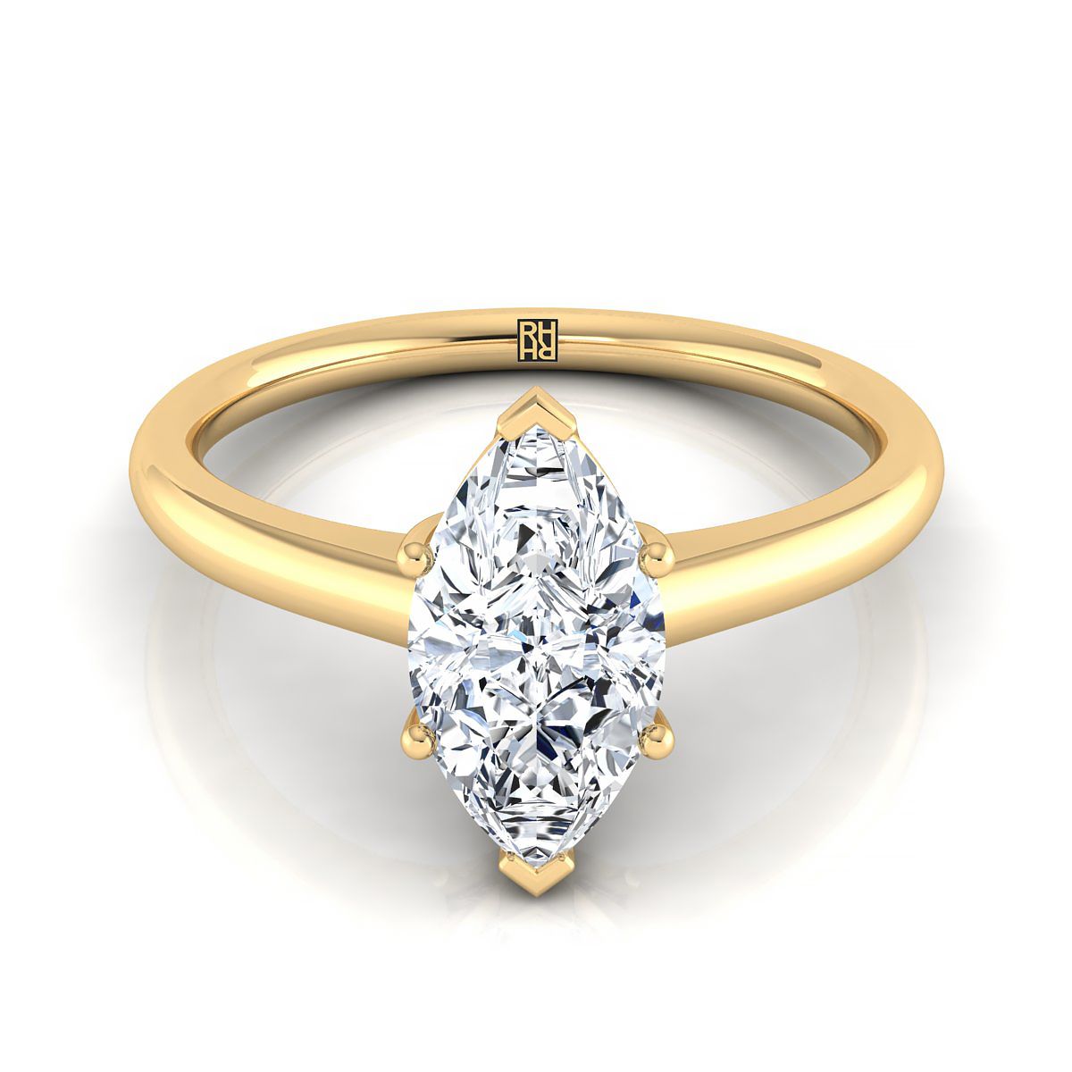 Contemporary Comfort Fit Flat Shank Solitaire Marquise, in 18K Yellow Gold, prong setting | RockHer