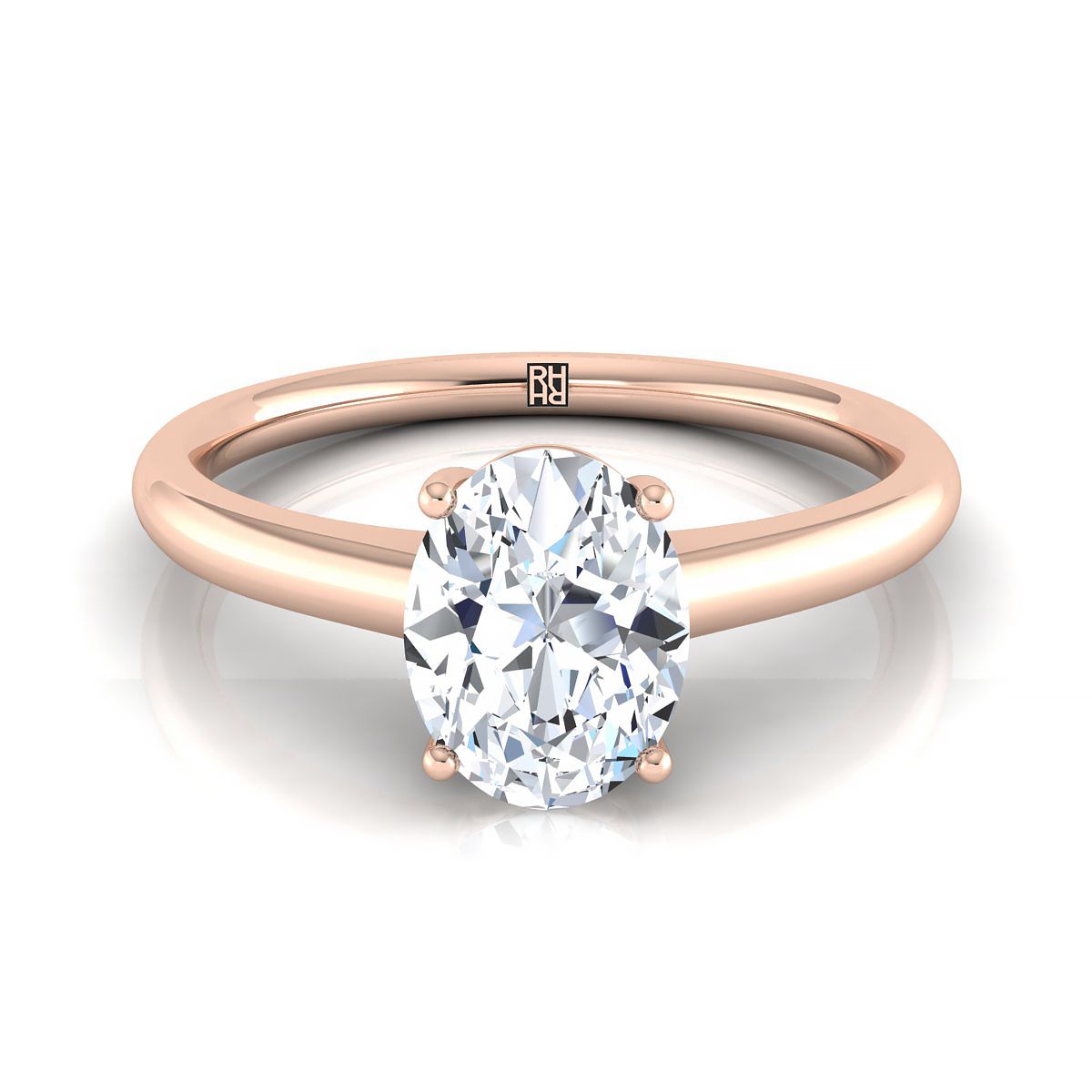 Contemporary Comfort Fit Flat Shank Solitaire Oval, in 14K Rose Gold, prong setting | RockHer