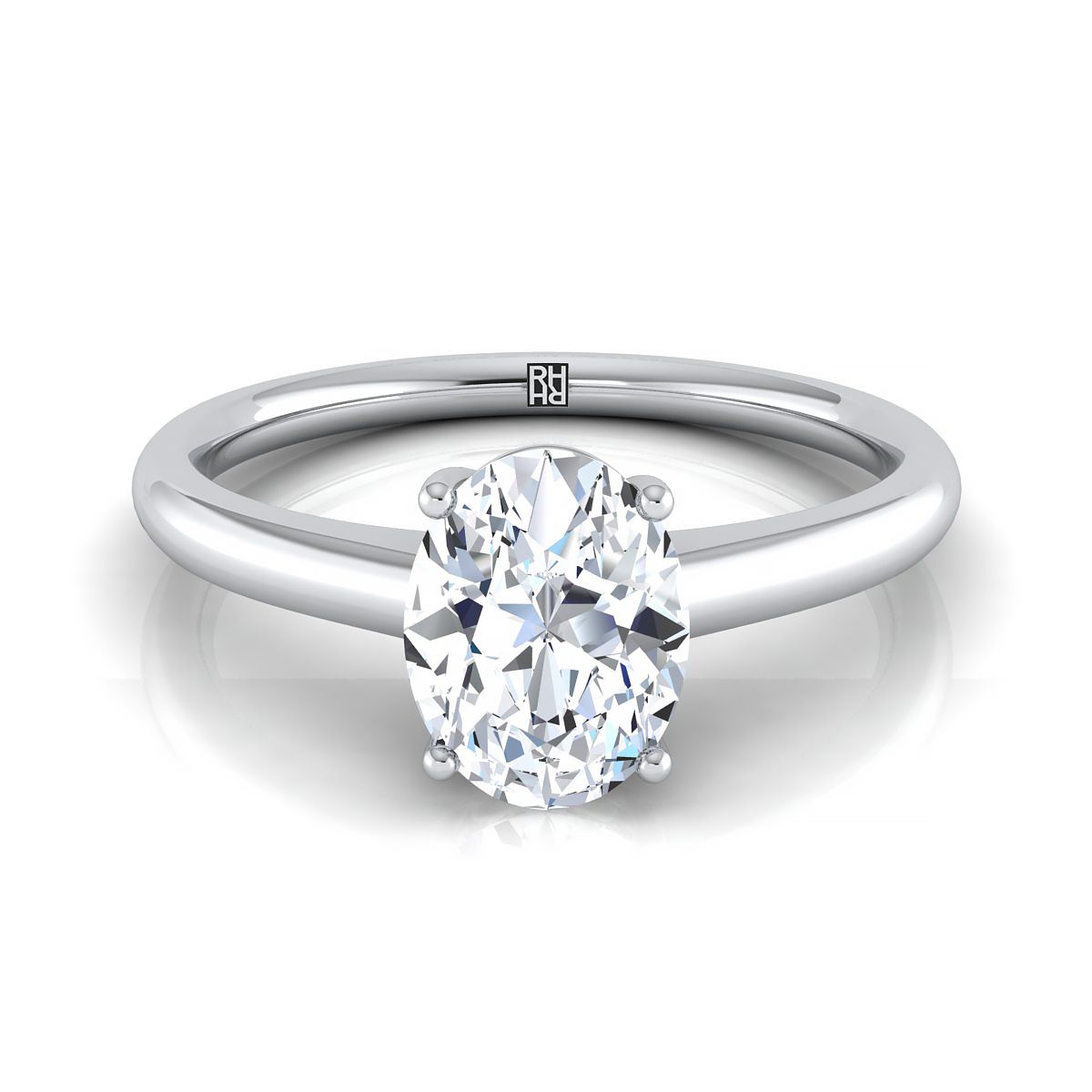 Contemporary Comfort Fit Flat Shank Solitaire Oval, in Platinum, prong setting | RockHer