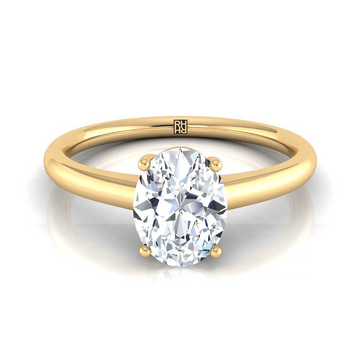 Contemporary Comfort Fit Flat Shank Solitaire Oval, in 18K Yellow Gold, prong setting | RockHer