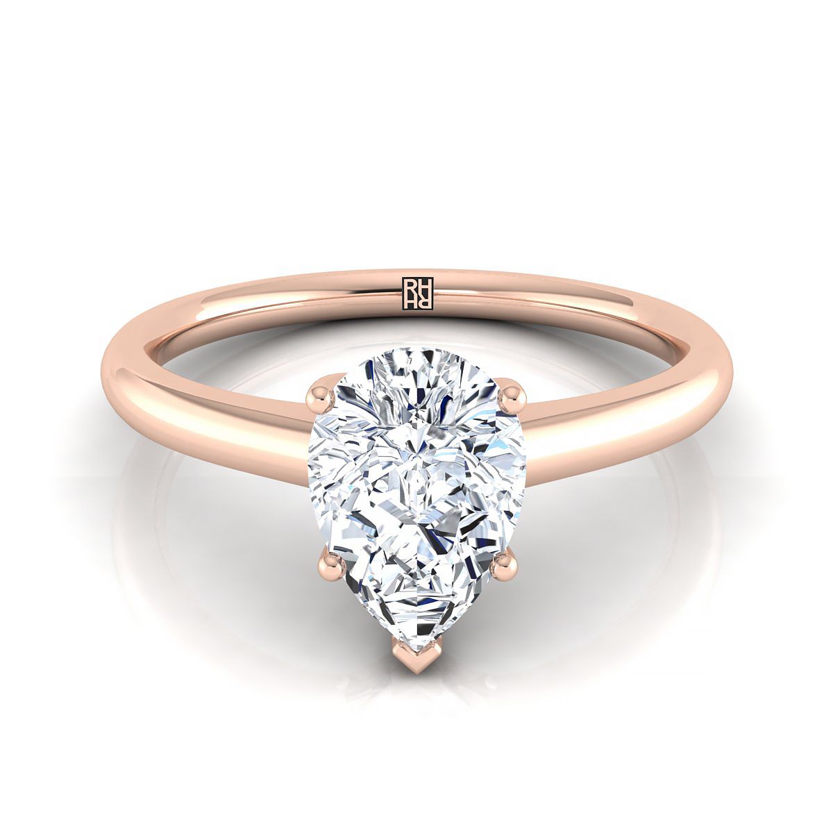 Contemporary Comfort Fit Flat Shank Solitaire Pear Shape, in 14K Rose Gold, prong setting | RockHer