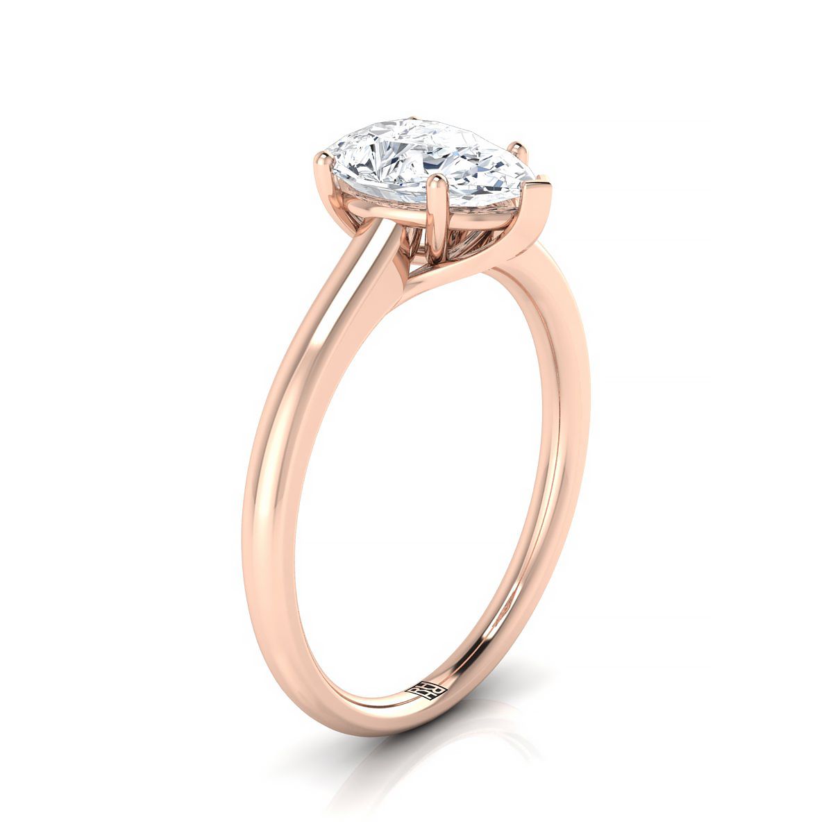Contemporary Comfort Fit Flat Shank Solitaire Pear Shape, in 14K Rose Gold, prong setting – side profile | RockHer