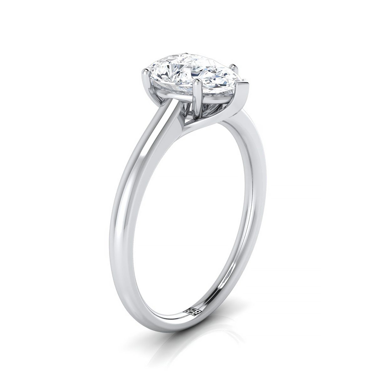 Contemporary Comfort Fit Flat Shank Solitaire Pear Shape, in 18K White Gold, prong setting – side profile | RockHer