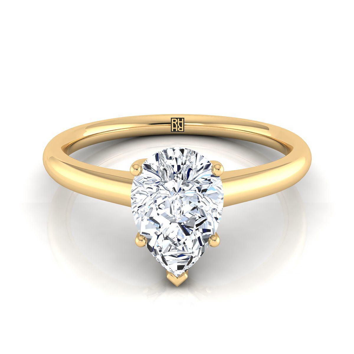Contemporary Comfort Fit Flat Shank Solitaire Pear Shape, in 18K Yellow Gold, prong setting | RockHer