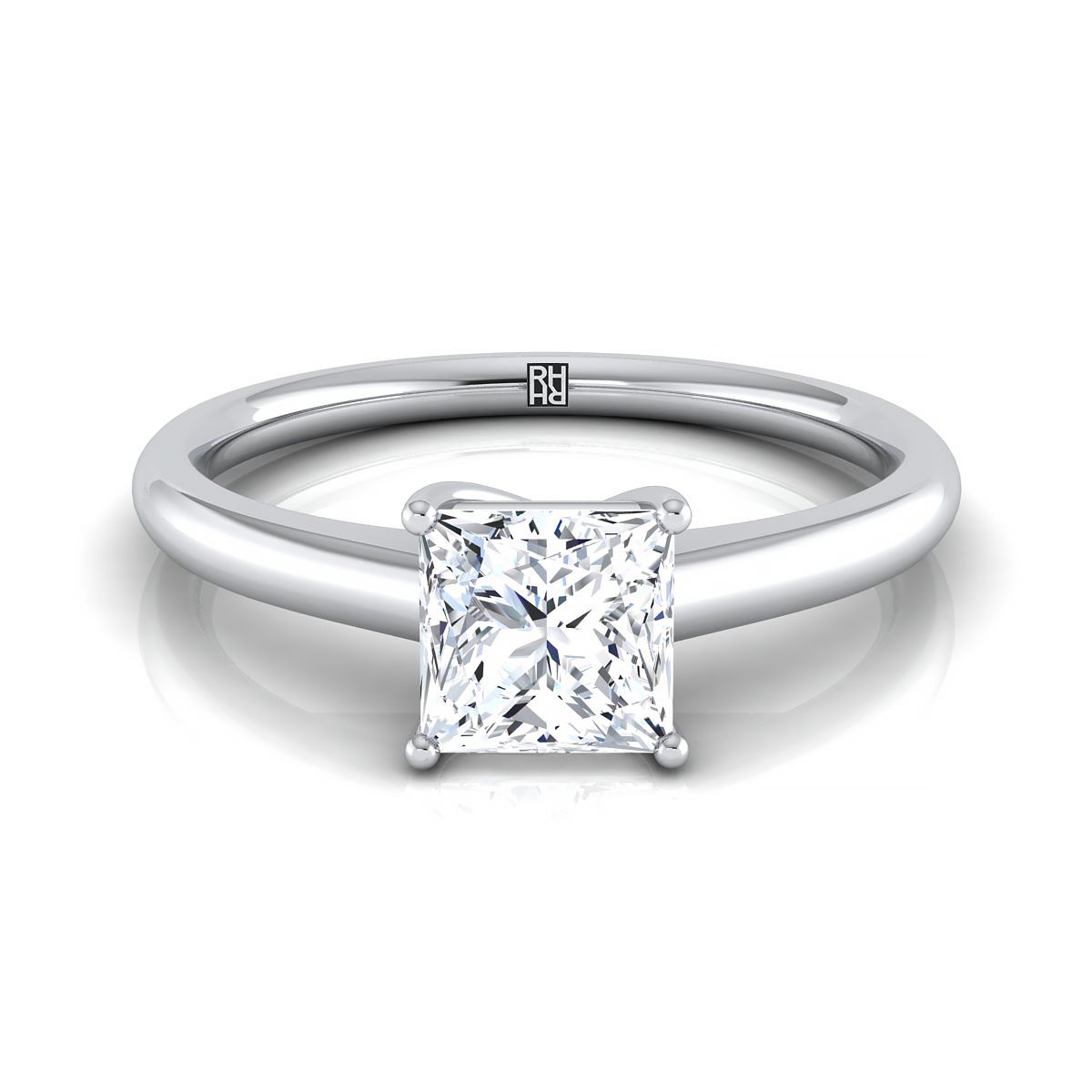 Contemporary Comfort Fit Flat Shank Solitaire Princess, in 18K White Gold, prong setting | RockHer