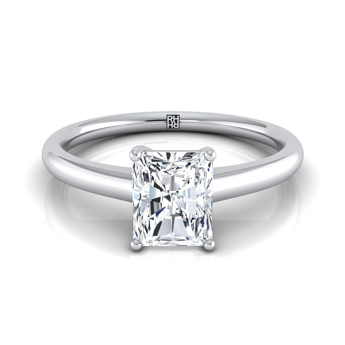 Contemporary Comfort Fit Flat Shank Solitaire Radiant, in 18K White Gold, prong setting | RockHer