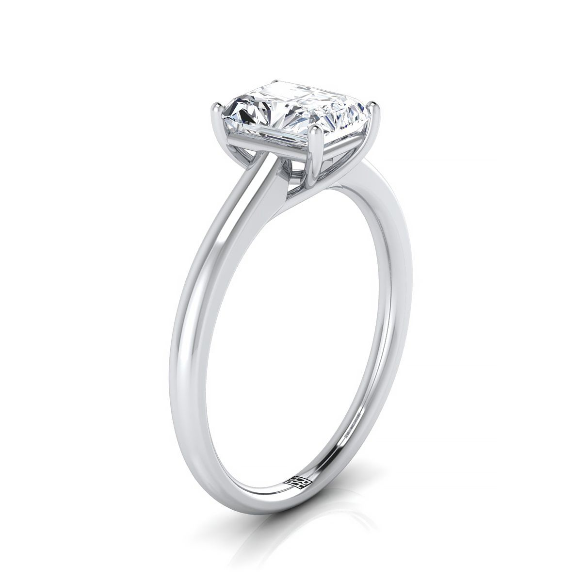 Contemporary Comfort Fit Flat Shank Solitaire Radiant, in Platinum, prong setting – side profile | RockHer