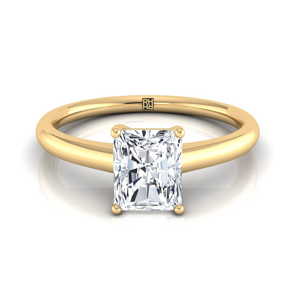 Contemporary Comfort Fit Flat Shank Solitaire Radiant, in 18K Yellow Gold, prong setting | RockHer