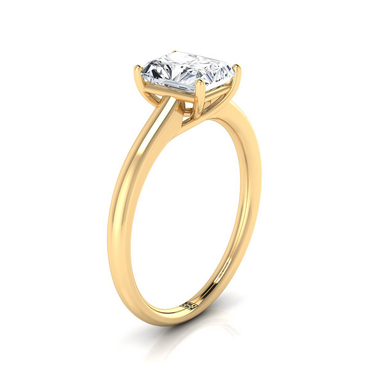 Contemporary Comfort Fit Flat Shank Solitaire Radiant, in 18K Yellow Gold, prong setting – side profile | RockHer